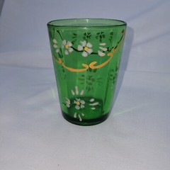 EAPG Victorian Green Glass Tumbler Hand Painted Northwood