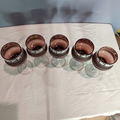 RARE Stryi Glass Factory USSR Amethyst Hand Painted Wine Glasses Set 5 1970