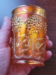 Pretty Marigold Fenton Carnival Glass Orange Tree Orchard Pattern Tumbler