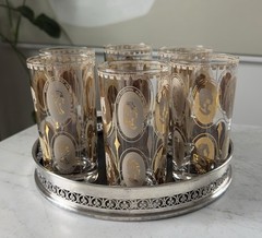6 MCM HIGHBALL COCTAIL GLASSES GOLD COURTESAN FEMALE PORTRAITS & FORMICA TRAY.