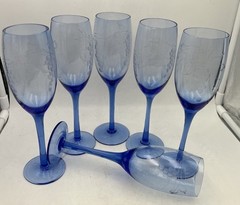 6 Blue Cobalt Champagne Flutes 8“ Tall Etched Circular And Line Design