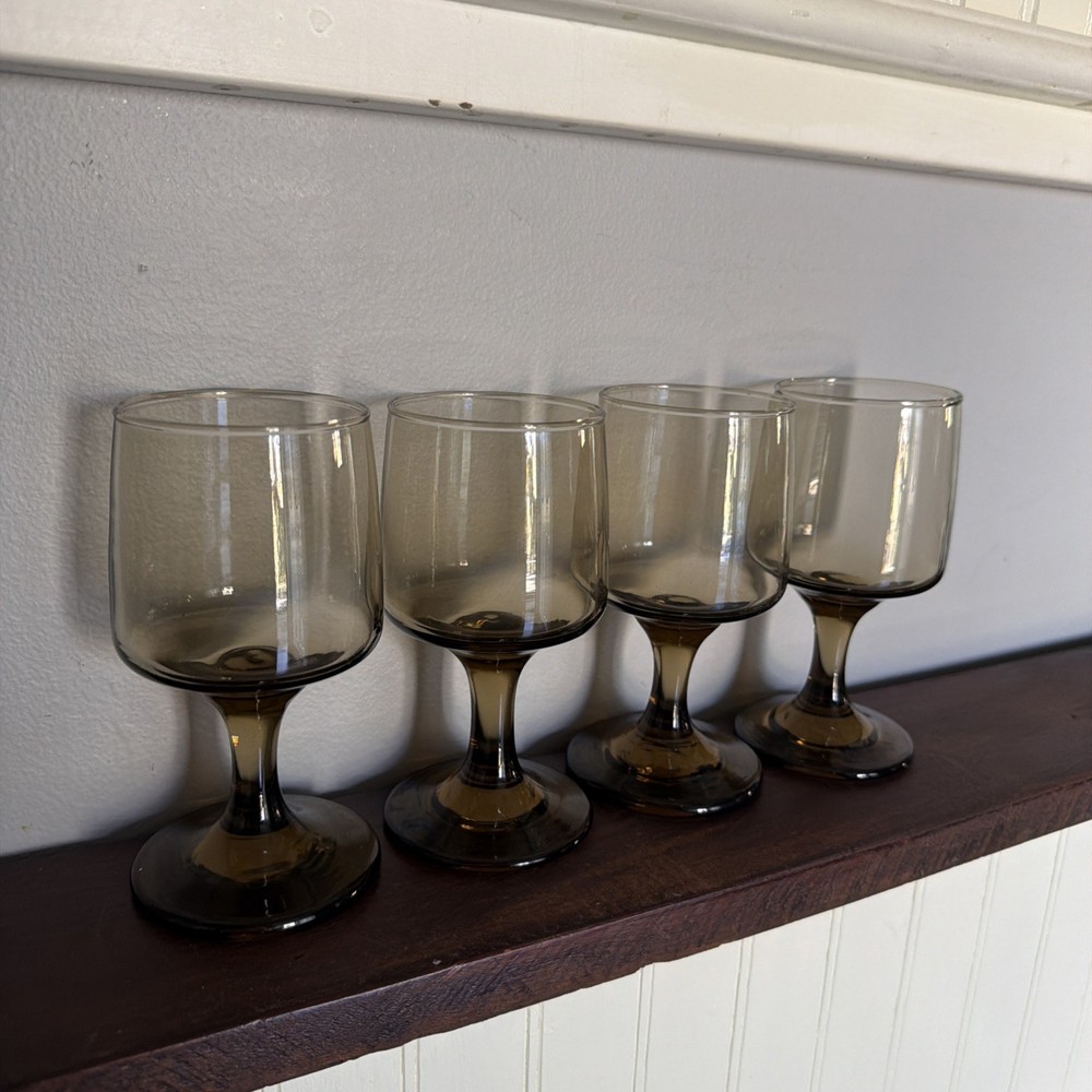 MCM Libbey Tawny Accent Wine Glass Smokey Amber 70s Retro ~ 6 OZ~ SET OF 4 ~