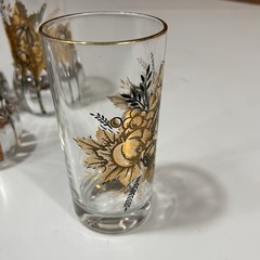Set of 4 Vtg Gold Drinking Glasses Tumblers Leaf 6” Tall w/spring Coasters
