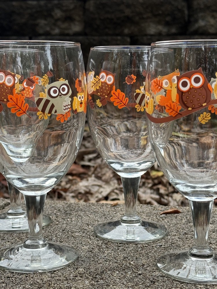 5 Libbey CRISA Woodland Critters Iced Tea or Water Goblets, Hoot Owl & Friends