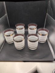 Vintage MCM Set Of 6 Frosted With Gold, Striped Culver Low Ball Glasses