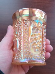 Electric Marigold Intaglio Cherry Terry Crider Art Glass Carnival Glass Tumbler