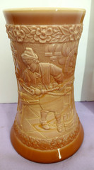 VINTAGE FENTON CHOCOLATE SLAG GLASS BEER STEIN GLASS BLOWER SCENE FREE SHIPPING