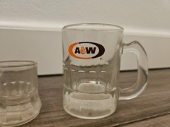 1980s vintage heavy glass A&W collectibles, 3 piece. 4.5 in, 3 in, 1.75 in.