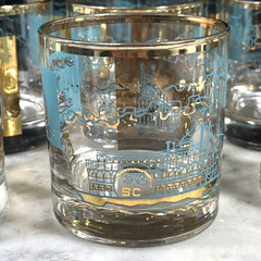 8 ~VTG MCM Libbey’s Old Fashioned Steamboat Glasses Teal Gold Southern Comfort
