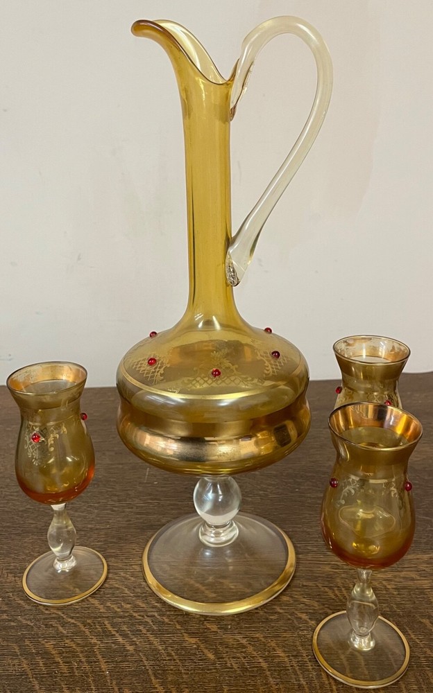 Veneziano Decanter Amber Glass Gold Trim 3 Stemmed Wine Cordial Glasses