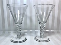 Set Of 2 Blown Glass Trumpet Shaped Water Goblets Braided Stems Two-Tiered Base