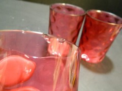 Antique Cranberry Optic Coin Dot Glass Ruffled Pitcher Set (1890’s) Good – Excel
