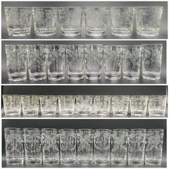 Rare 32 Piece Set Vintage Federal Glass Floral Etched Barware Service for 8