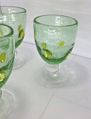 Set Of 3 Green Seeded Bubble Glass Goblets With Lemon Slices & Clear Ball Stem