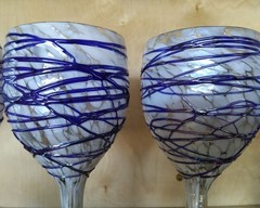 Vintage Hand Blown Heavy Wine Glasses Set Of Six Ribbon Pattern. Cobalt Blue