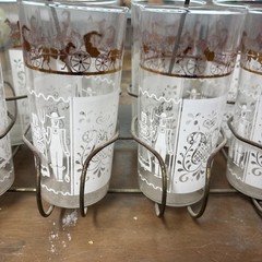 Set of 8 Anchor Hocking Butterprint Glasses Amish Horse Carriage With Holder