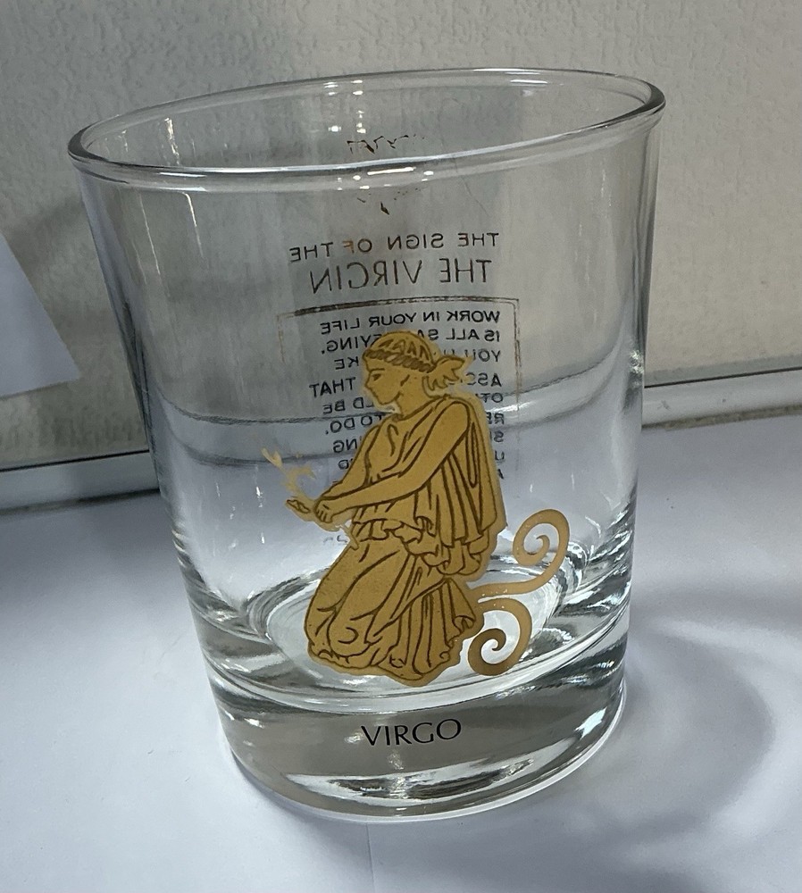 VTG MCM Gold Etching Virgo Zodiac Lowball Bar Glass 4” T