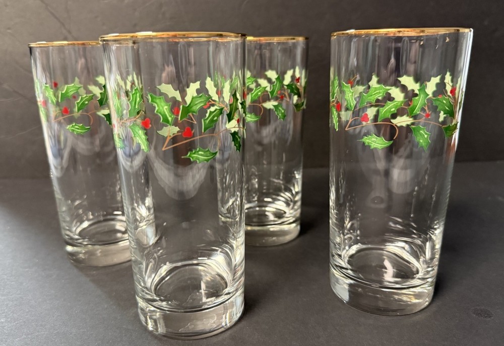 Lenox HOLIDAY Holly & Berry Lot Of 4 Tall Tumblers 16 OZ Excellent