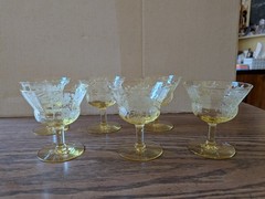Antique/Vintage Set of 6 Yellow Floral Etched Paneled Glasses