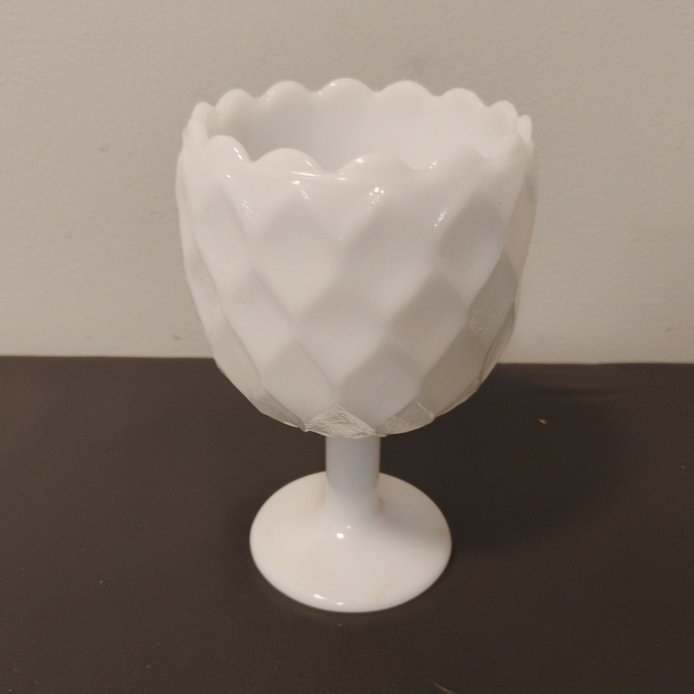 Vtg Diamond/Basketweave Design Milk Glass Textured Pedestal Goblet Scalloped Rim