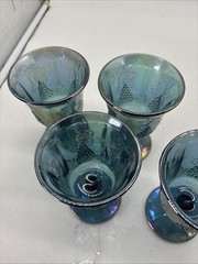 4 Vintage Indiana Glass Grape Harvest Iridescent Blue Carnival Goblets 5.5×3.5”
