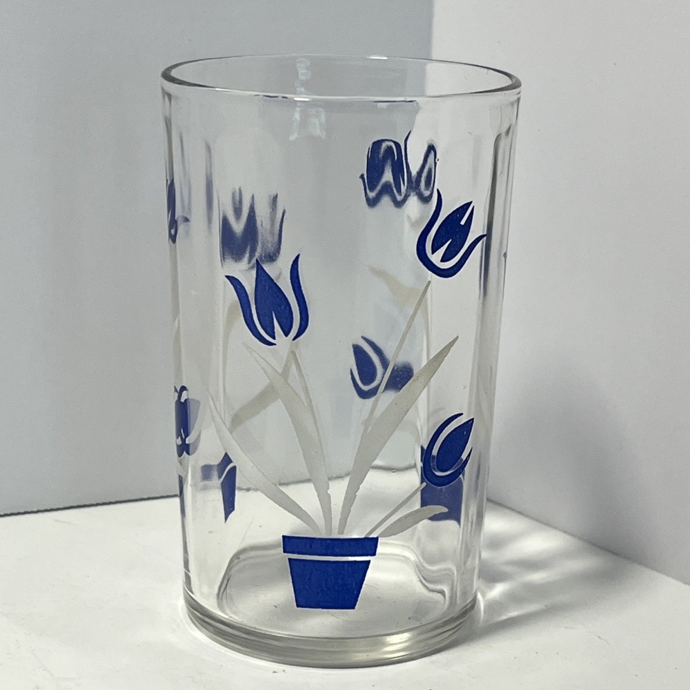 Vtg. Blue Tulips In Pot 3.5” Tall Juice Glass, Panel Side, Great Condition