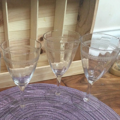 3 HTF needle etched wine water optic panel glasses TIFFIN