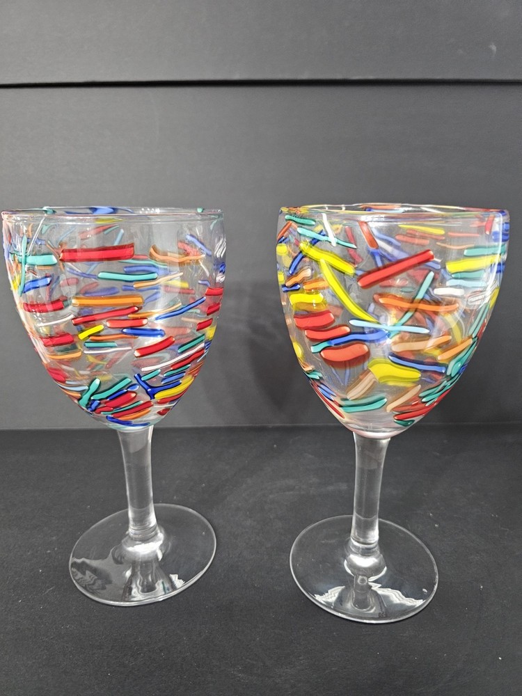 Pier 1 Confetti Handcrafted Art Glass Goblets 16oz 8″ Rainbow Set of 2