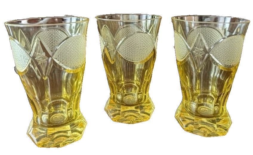 Antique Bohemian Crystal Cups Cut Amber Glass Inwald Austria Art Deco Fish 1930s