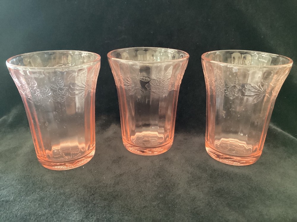 Vintage Jeannette Glass «Cherry Blossom» pink 4 Ounce Tumblers – 3-1/2″ ht. 3 ea