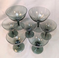 MCM Smokey Chrome Green Ribbed Champagne Glasses Libbey? Set of 7