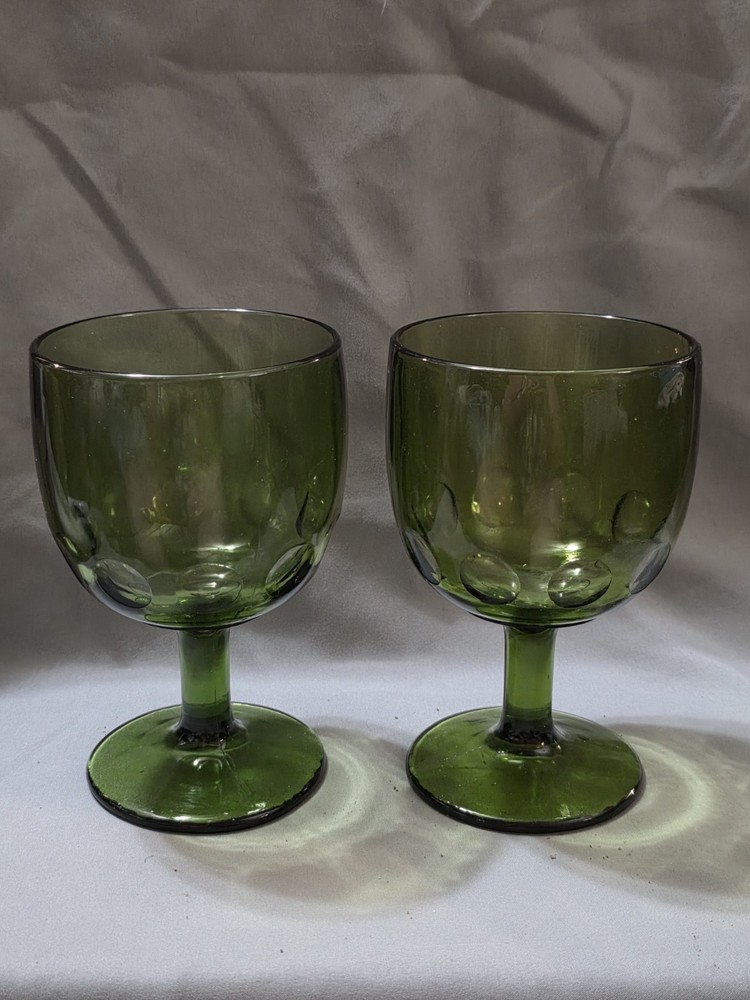 Vintage Set Of 2 Bartlett Collins Avocado Green Water Goblets With A Coin Dot…
