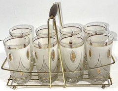 VTG Libbey MCM Hollywood Regency Highball Frosted GoldLeaf Glasses Caddy Holder