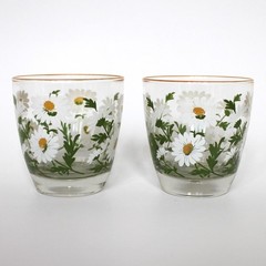 2 MCM Libbey Lowball Drinking Juice Glass White Daisy 8oz. Yellow Rim 3.5”