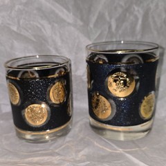 Pair of Vintage Libbey Black Textured 22k Gold Coin MCM Rocks Glasses