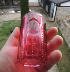 Antique Bohemian Ruby Flash Glass Spa Cup “Marienbad” – 19thC Cut Beaker