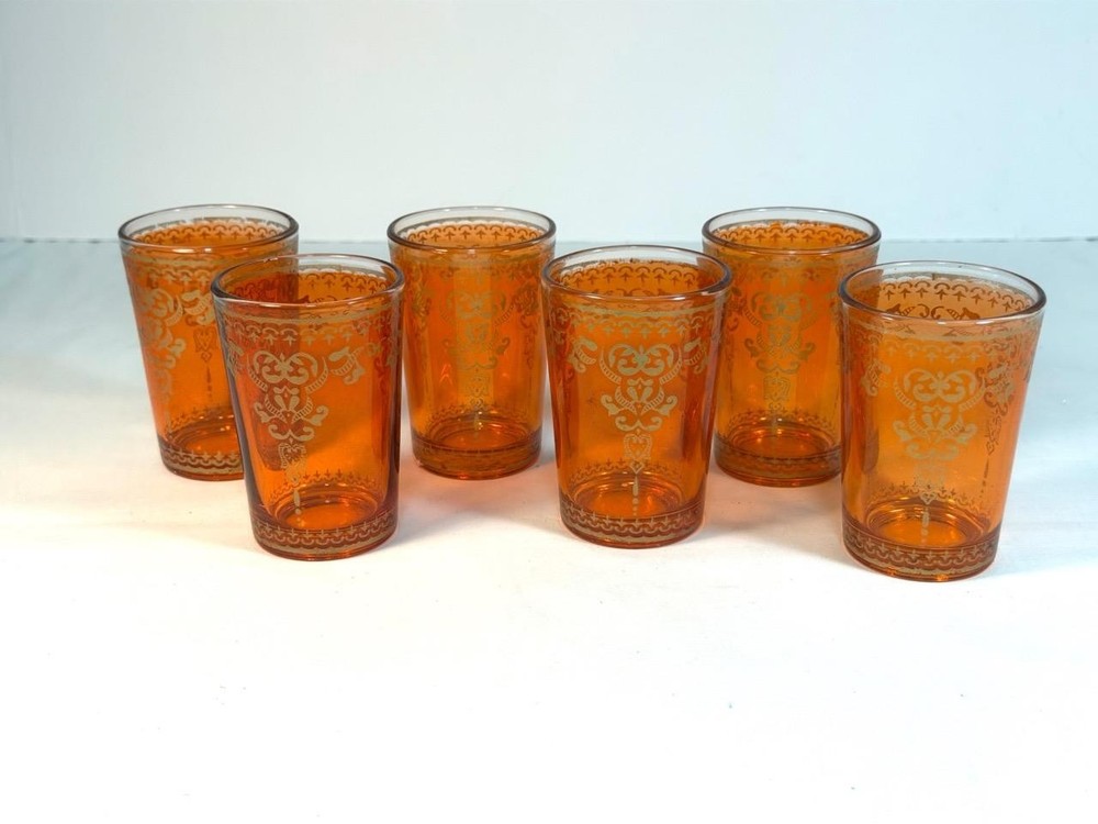 Set of 6 Moroccan/Turkish Tea Glasses Orange with Gold Trim