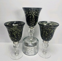 Pier 1 Hand Blown Art Glass Goblet w/green/black splatter swirl Pattern Set of 3