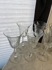 7- Vintage Wisteria Floral Vine Motif 8″ Tall Wine Glasses- Eleg. Twist Cut Stem