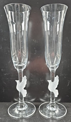 2) Gorham Amore Dove Fluted Champagne Glass Set Elegant Clear Frost Stemware Lot