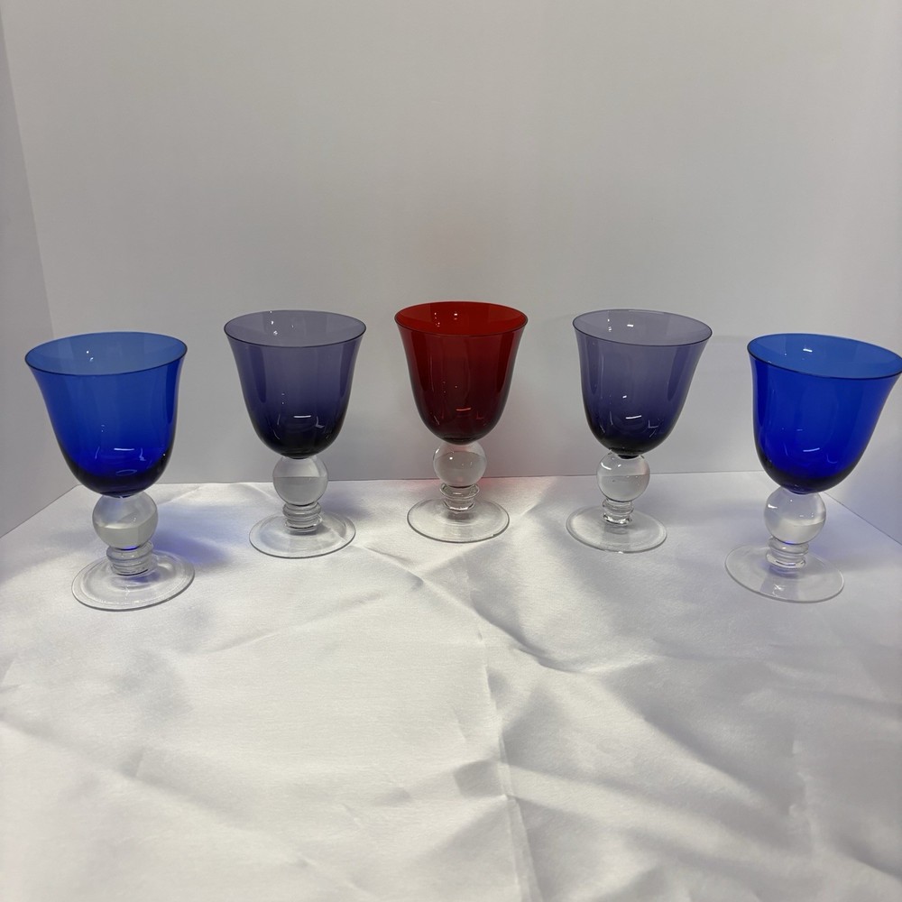 Vintage Clear Ball Stem Hand Blown Glass/Goblet – various colors set of 5