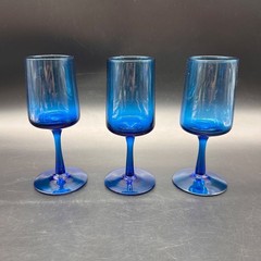 Vintage Blue Empoli Glasses Goblet Set Of 3 Italian Blown Glass Stemware MCM