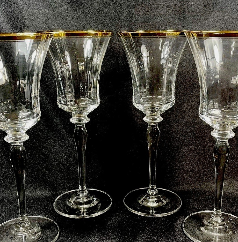 4 MIKASA Jamestown Wine Goblets Glasses Gold Trim Crystal FLUTED 9 1/4” Tall