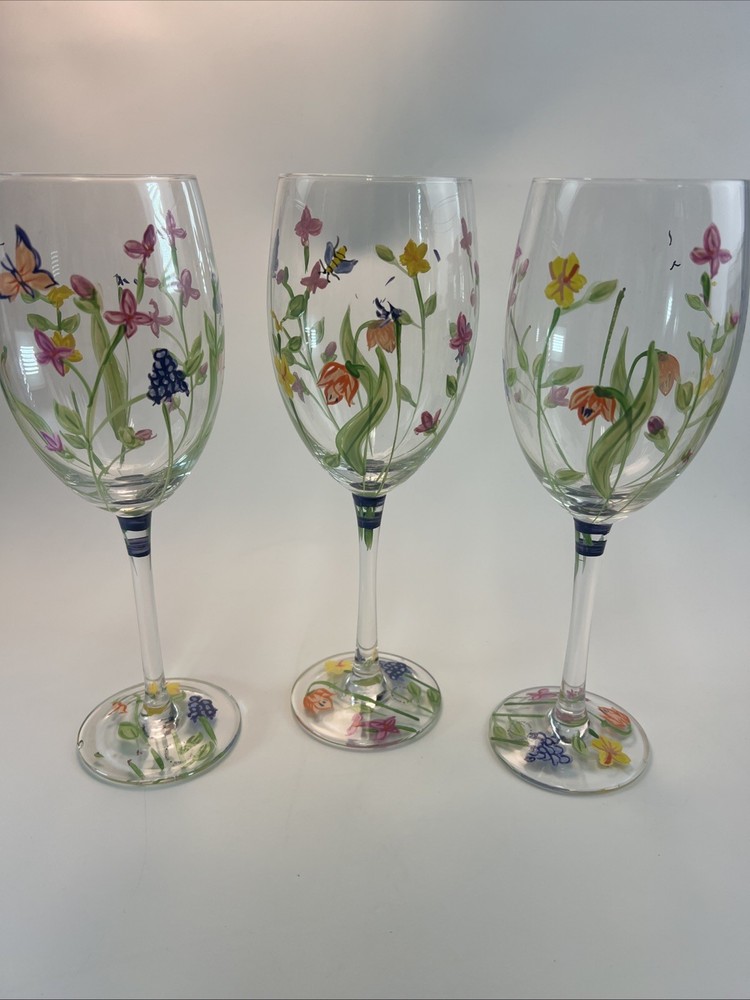 Lenox (?) Butterfly Meadow Wine Glasses Hand Painted 9.75” Set Of 3