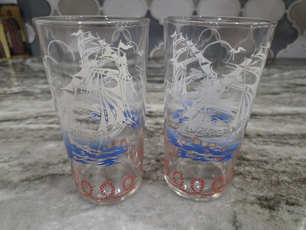 Pair Vintage Libbey ? Nautical Boat Ship Tumbler Drink Glasses Red Rope Border