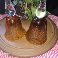 Vintage Amber Ruby Cased Art Glass Goblets Pair Controlled Bubble Hand Blown 8.5