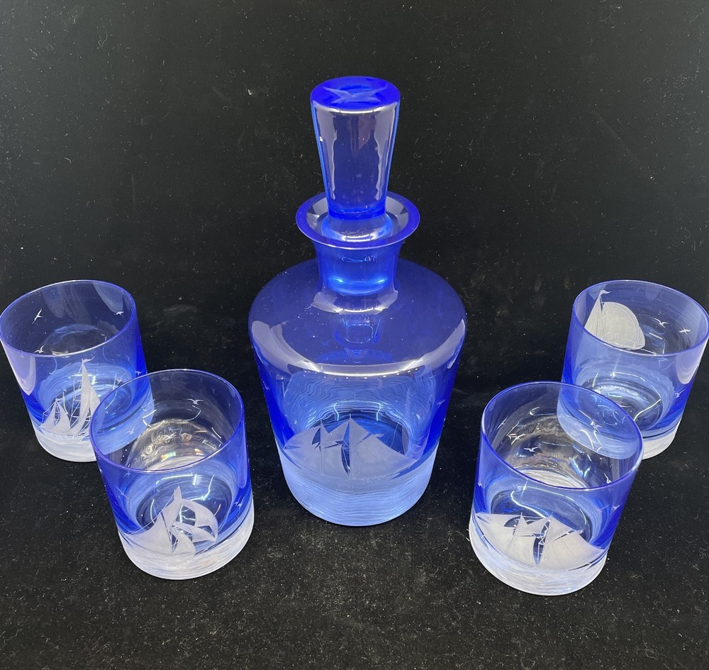 Artel Etched Crystal Golden Age of Yachting Beverage Set in Cobalt