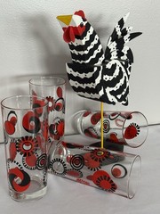 4 Vintage Italian Cerve MCM Red & Black Retro Glass Tumblers | Geometric Design