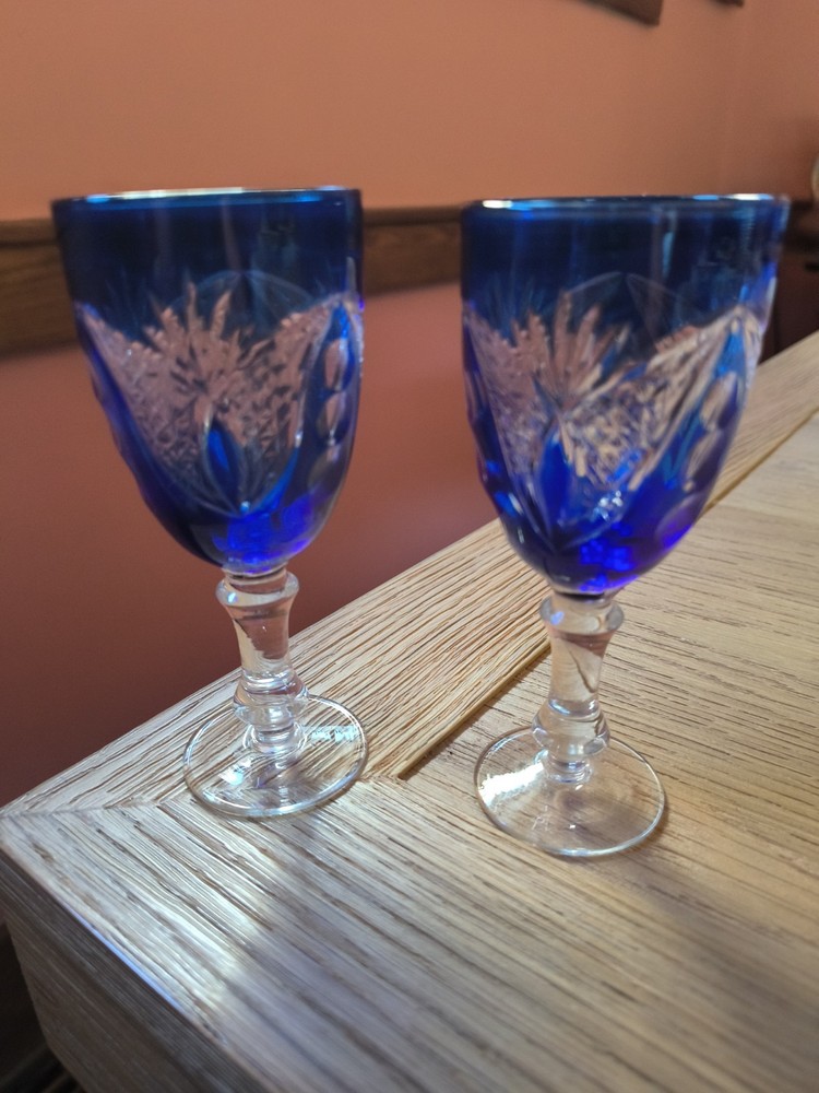 Vintage Bohemian Cobalt Blue Cut to Clear Crystal Cordial Glasses – Pair of 2