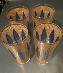 4 CULVER AQUA TIFFANY hiball glasses Gold blue panels FABULOUS CONDITION!